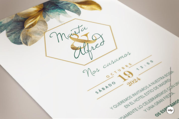 Invitacion de boda original con hojas de laurel