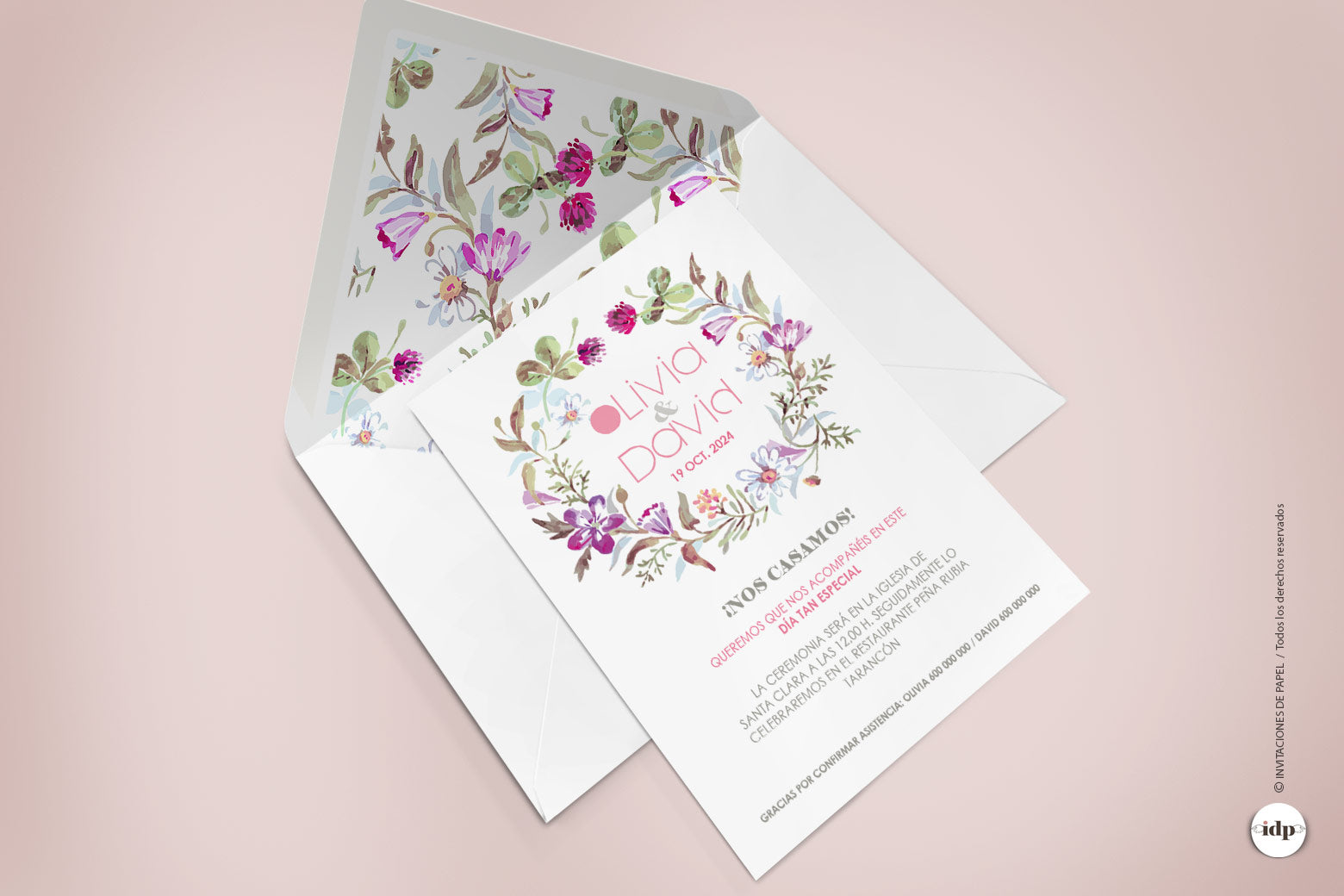 Invitaciones y Sobre de Boda con Flores y Acuarela