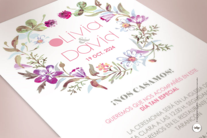 Invitación de Boda Floral en rosa con corona en Acuarela
