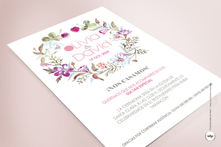 Invitaciones de Boda con Corona de Flores rosas en Acuarela