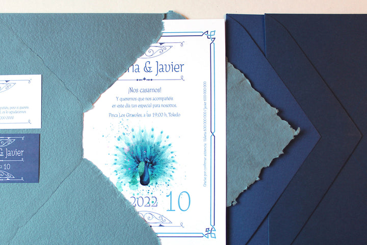 Invitacion de Boda Vintage Tipo Años 20 con pavo real en Azul -royal