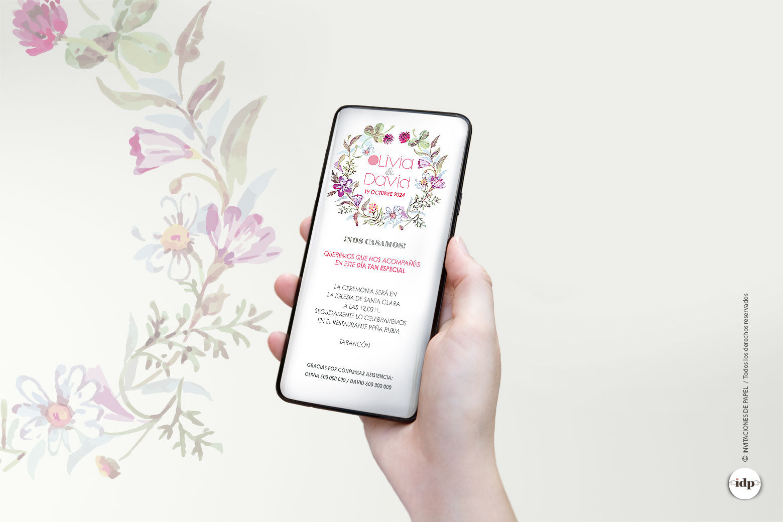 Invitación de Boda Digital para WhatsApp con Corona de Flores Acuarela
