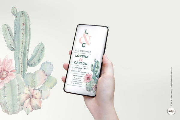 Invitaciones de Boda Digitales para Enviar por WhatsApp con Cactus Acuarela