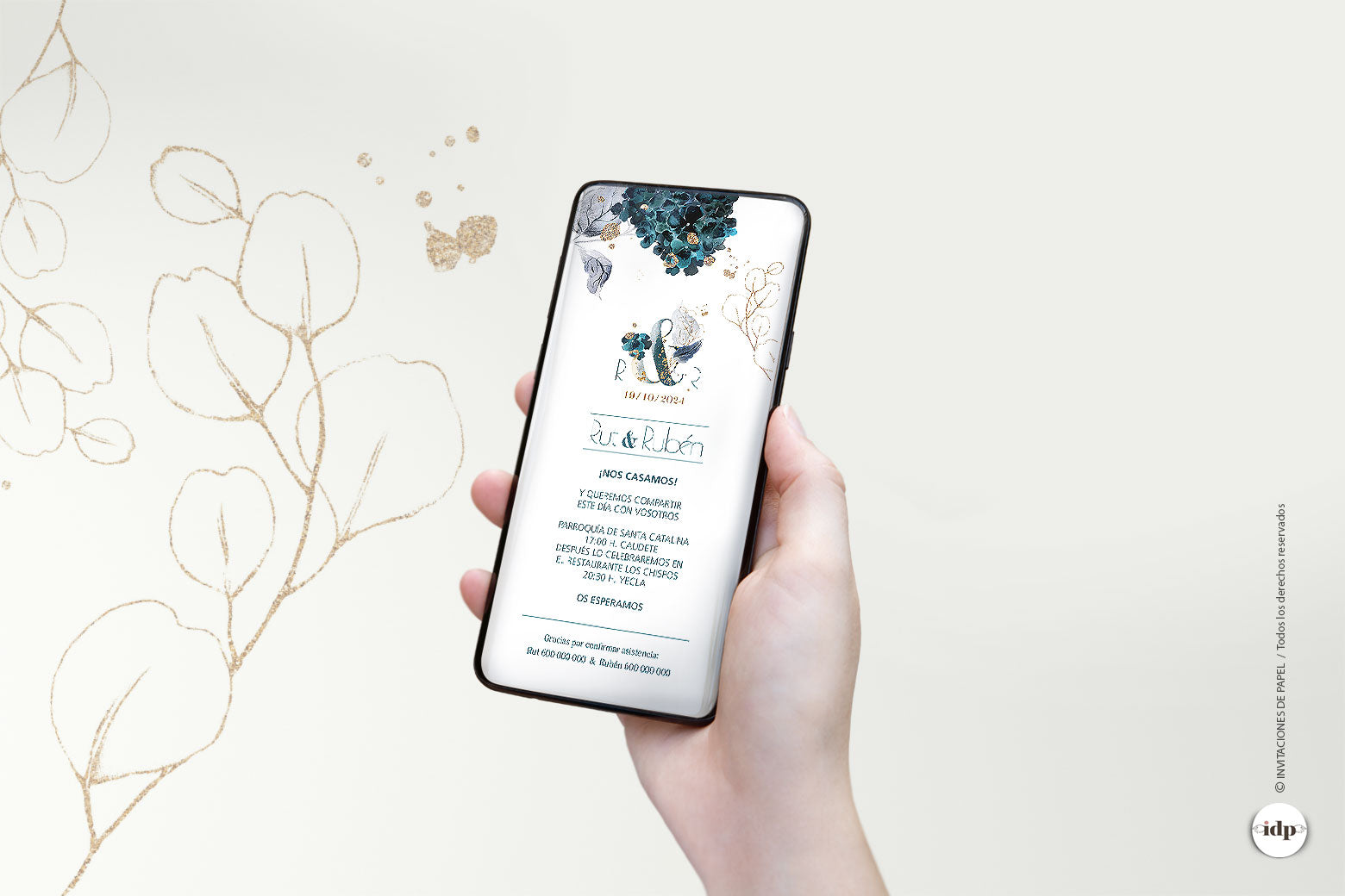 Invitación de Boda Digital con Hojas en Verde y Dorado - opalo