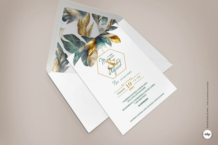 Invitaciones de boda con sobre forrado con hojas de laurel