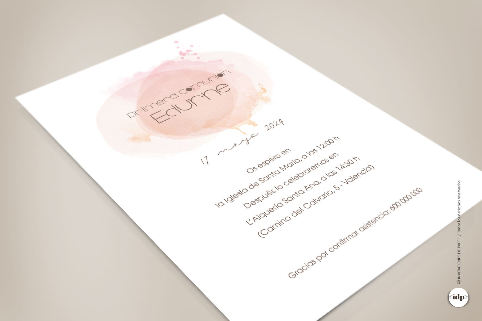 Invitaciones de Primera Comunión con Acuarela rosa