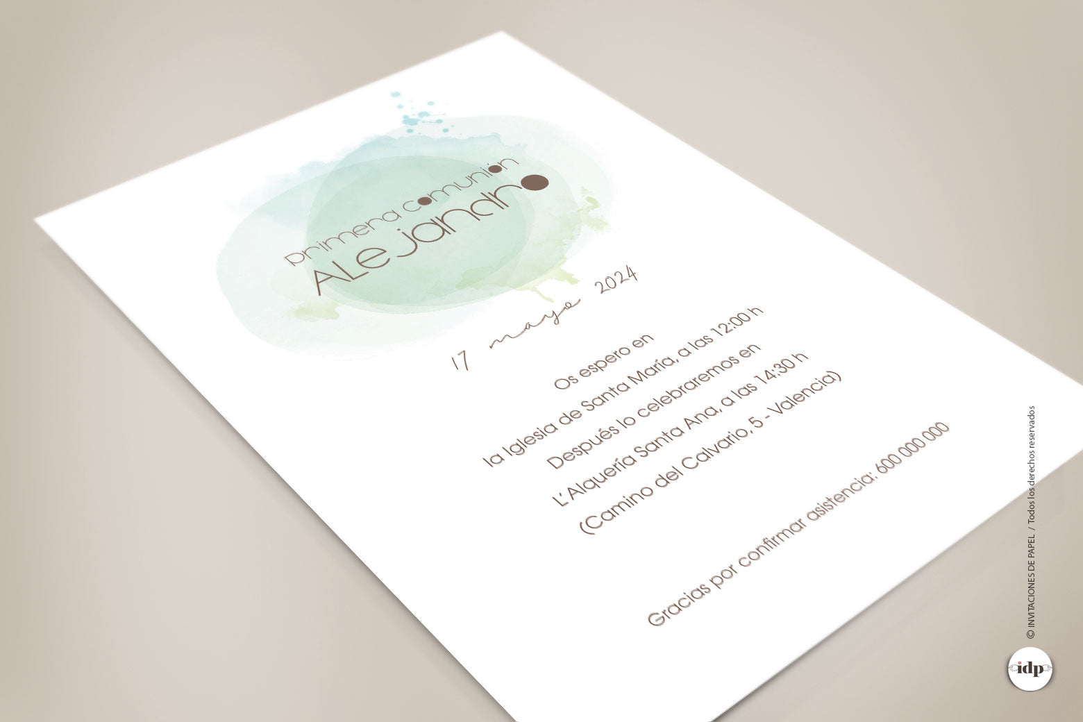 Invitación de Primera Comunión con Acuarela verde