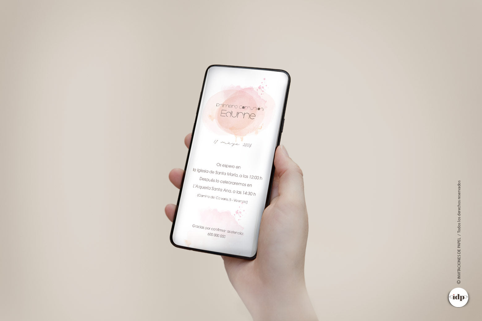 Invitación de Primera Comunión Digital en Acuarela rosa