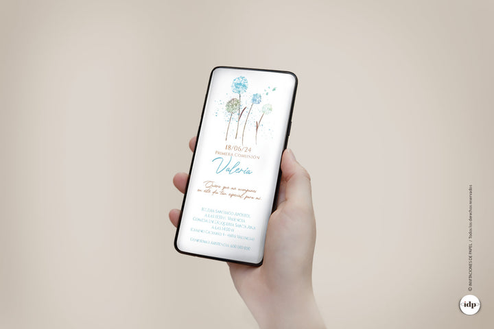 Invitación de Primera Comunión Digital con Flores Azul - vento