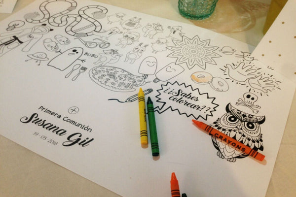 Mantel con dibujos para colorear por los niños invitados a una comunion, boda, bautizo o evento