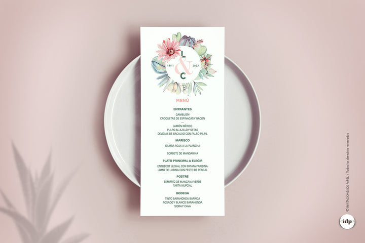 Minuta o tarjeta de menú de boda con cactus y flores - corona
