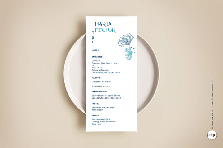 Minuta o tarjeta para menú de boda con flores modernas - aurum azul