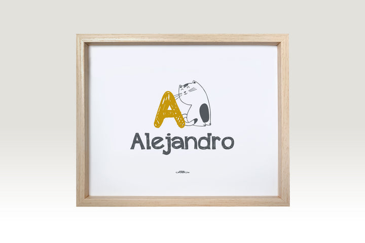 Cuadro personalizado con nombre para bebé - gato letra mostaza