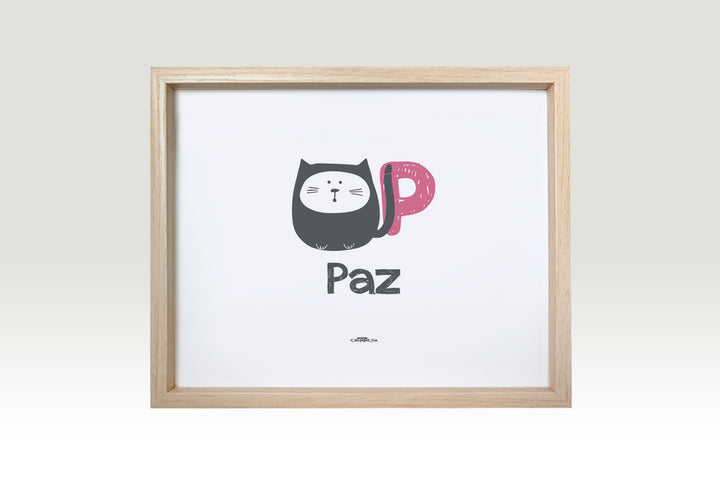 Cuadro personalizado con nombre para bebé - gato letra rosa